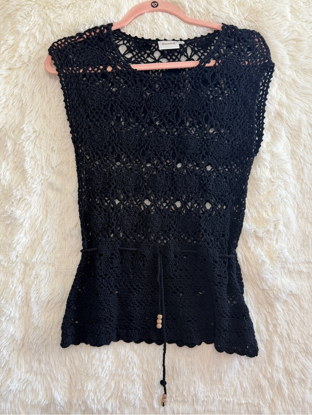 Blumind Womens Crochet Floral Tunic Top M Black Cotton Drawstring Waist Beads